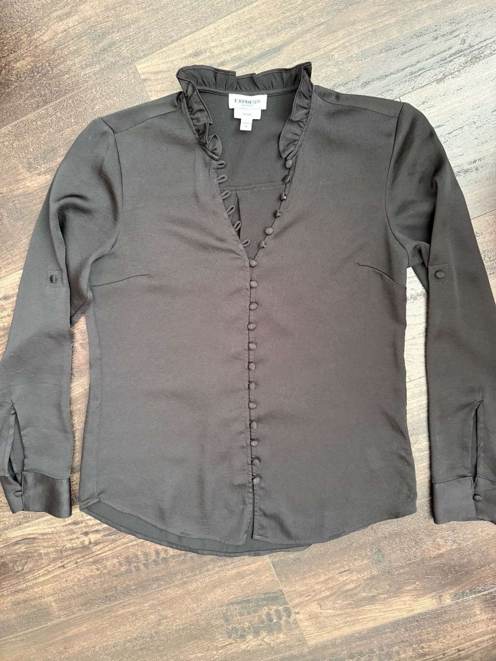 Express Portofino Black Satin Trim Ruffle Blouse Hook Eye Top Small Career